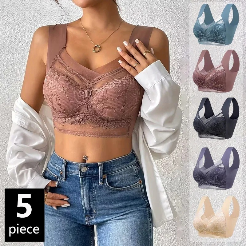 5PCS Plus Size Bras Women Lace - Bralette Wireless Soft บทวิจารณ์และราคา