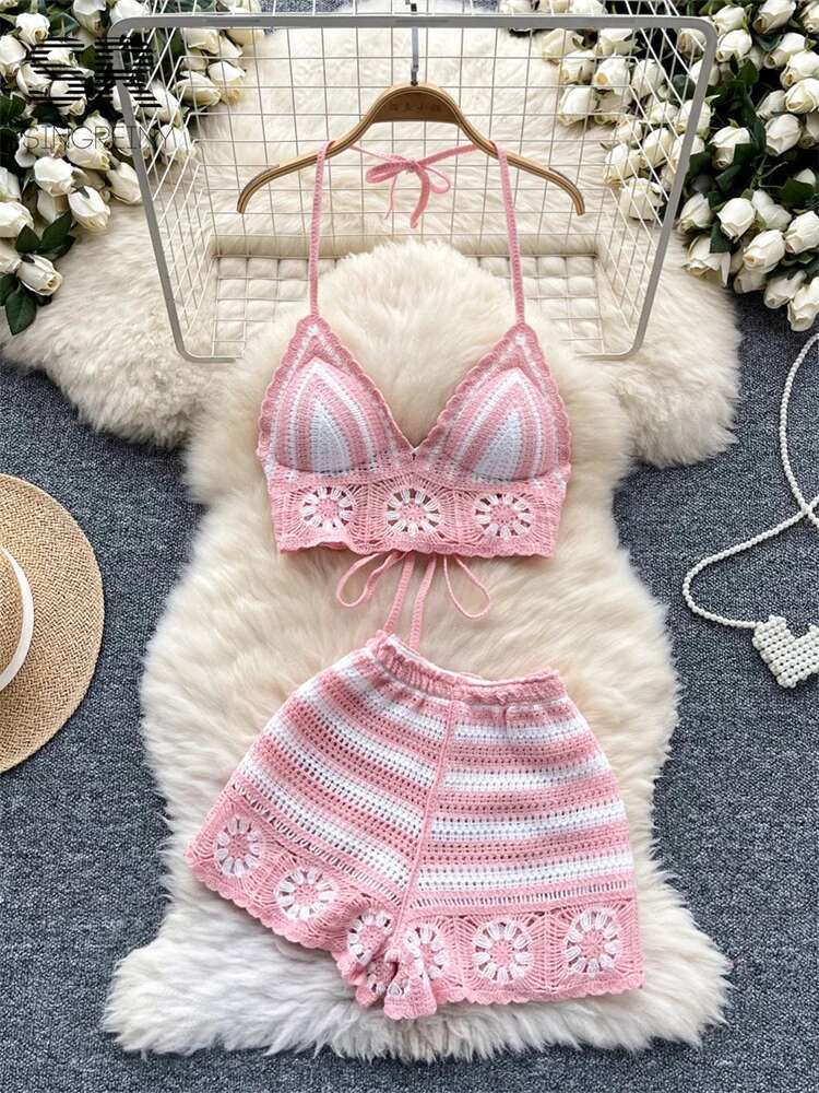 Beach Vacation Knit 2pcs Suits - Cami Top Lace บทวิจารณ์และราคา
