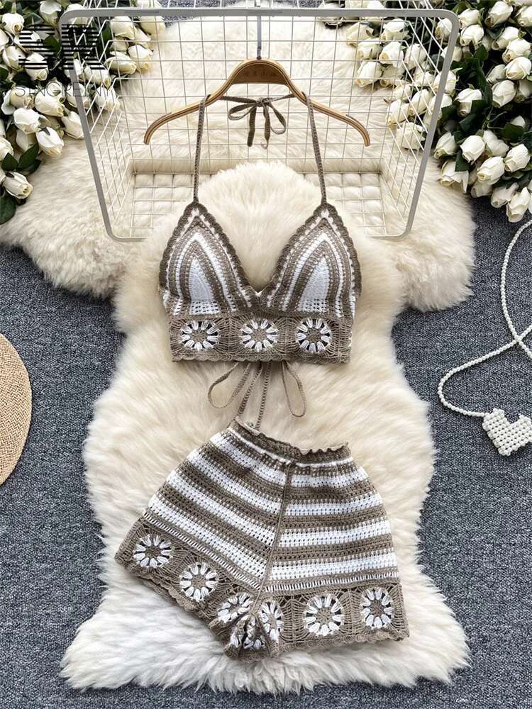 Beach Vacation Knit 2pcs Suits - Cami Top Lace บทวิจารณ์และราคา