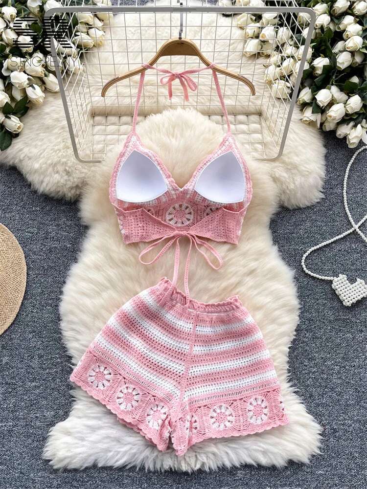 Beach Vacation Knit 2pcs Suits - Cami Top Lace บทวิจารณ์และราคา