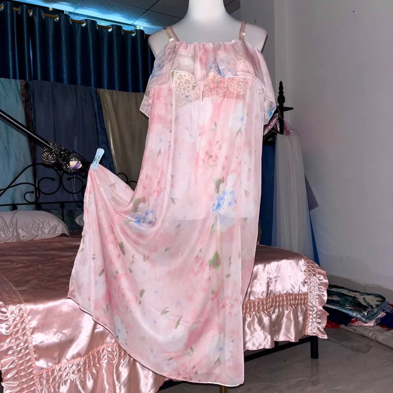 Pink Silk Printed See Through  - Robe Silk Women บทวิจารณ์และราคา