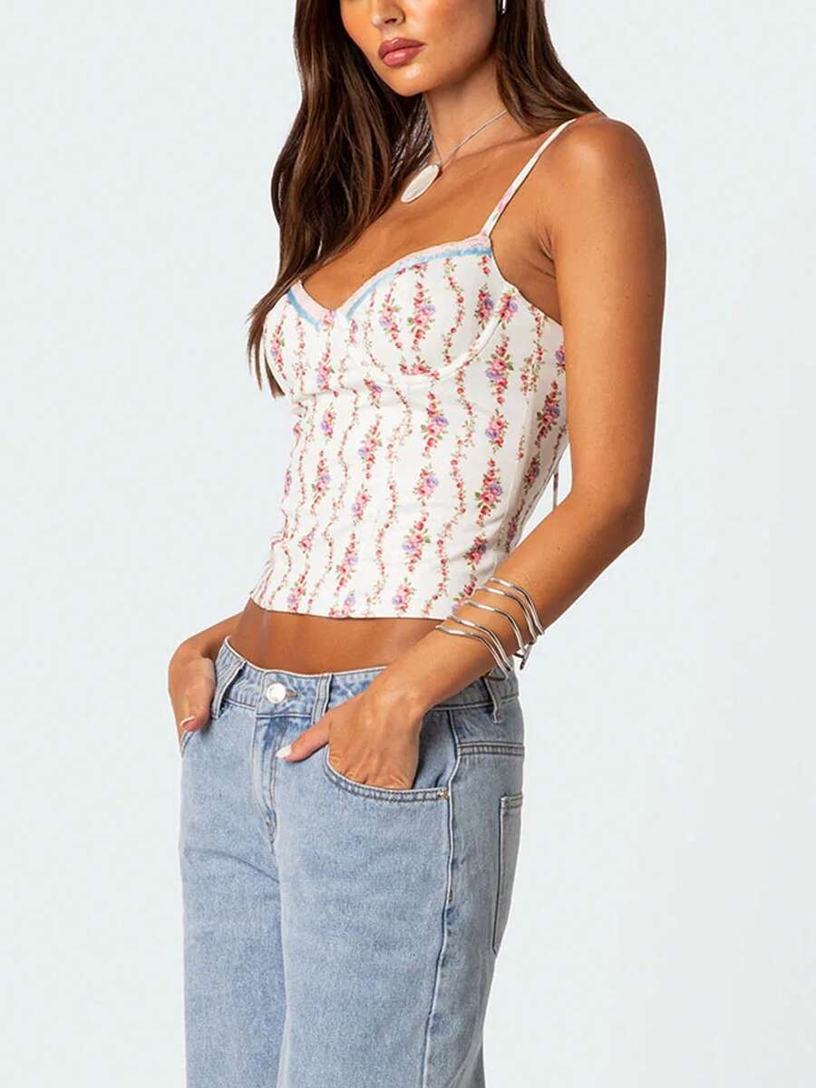 Women Floral Print Tie Strap V - Cami Top Lace บทวิจารณ์และราคา