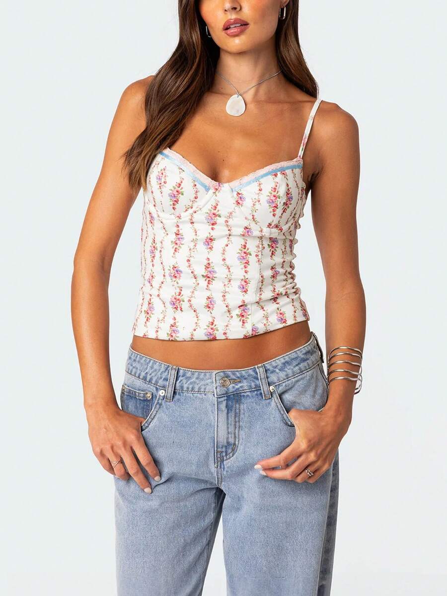 Women Floral Print Tie Strap V - Cami Top Lace บทวิจารณ์และราคา
