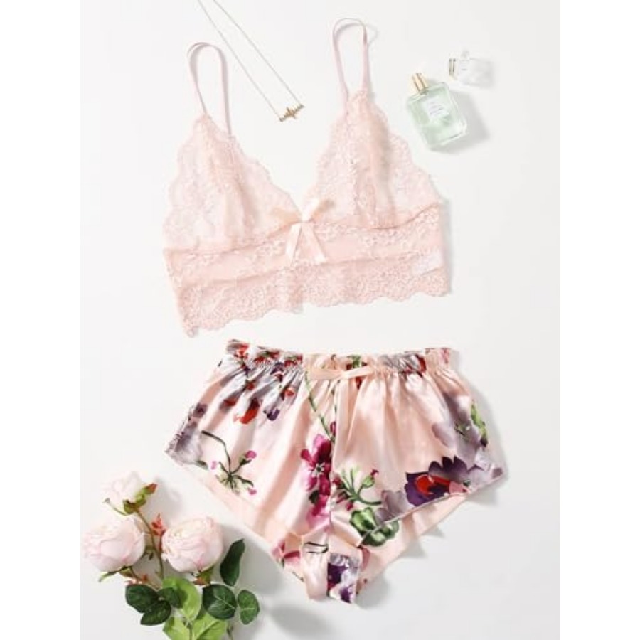 Women's 2 Pcs Lingerie Floral  - Cami Top Lace บทวิจารณ์และราคา